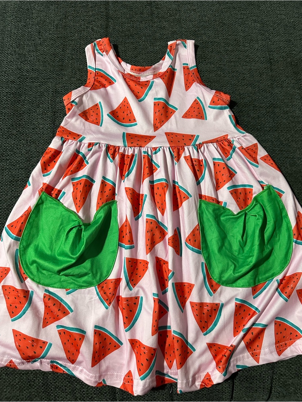 Watermelon Print Sleeveless Dress with Green Pocket Accents